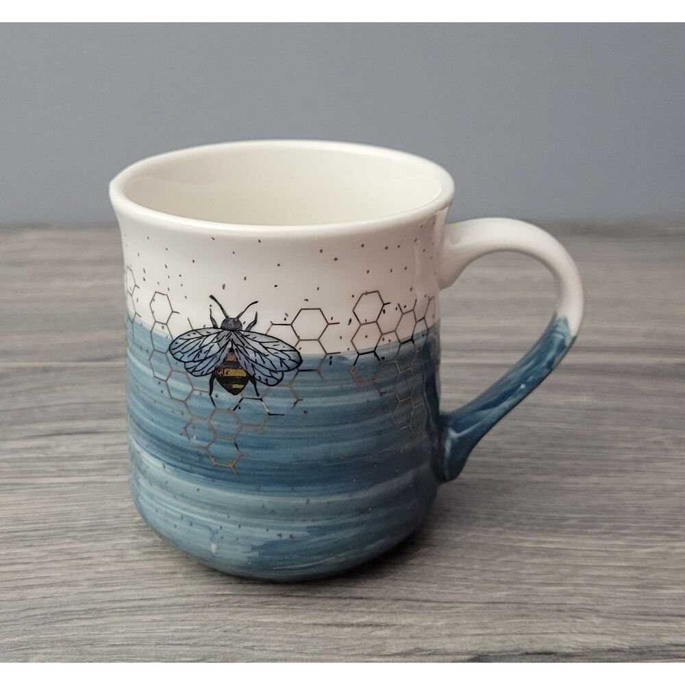 Heartland Hive Ceramic Coffee Mug Blue Dip Dye Ribbed Design Honeybee Honeycomb